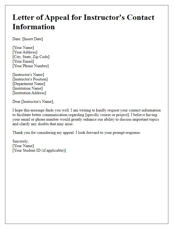 Letter template of appeal for instructor's contact information