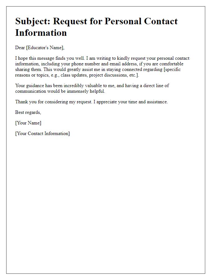 Letter template of ask for educator's personal contact information