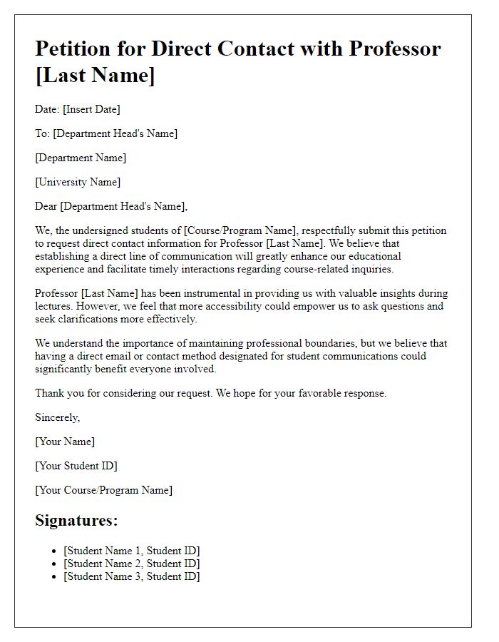 Letter template of petition for professor's direct contact