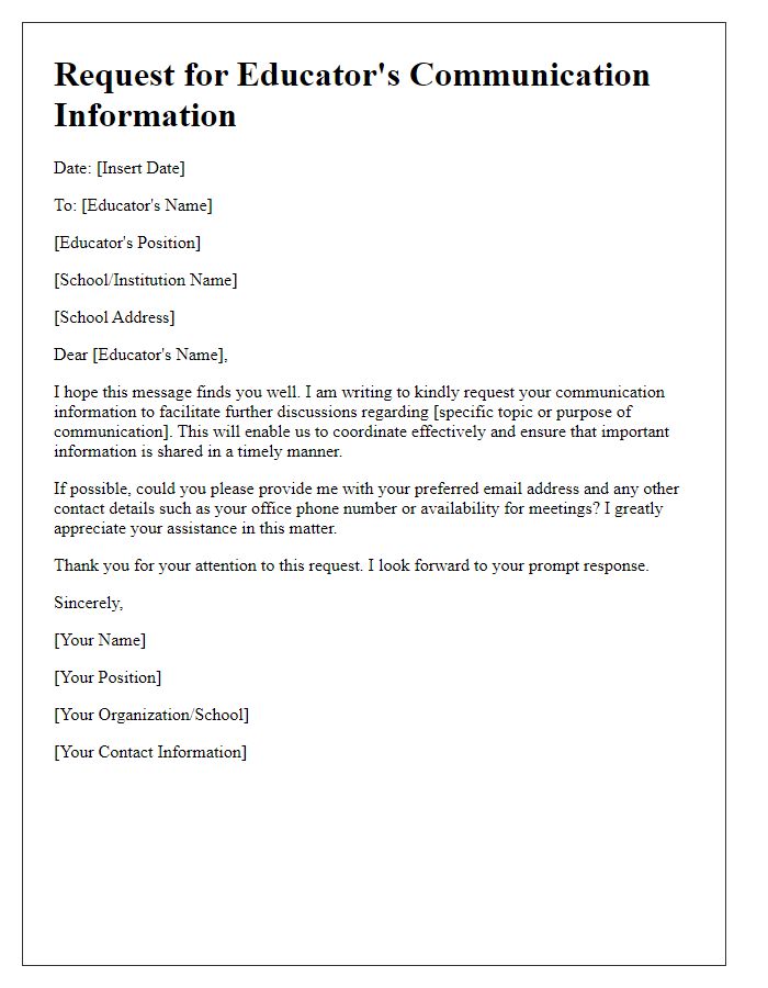 Letter template of request for educator's communication info