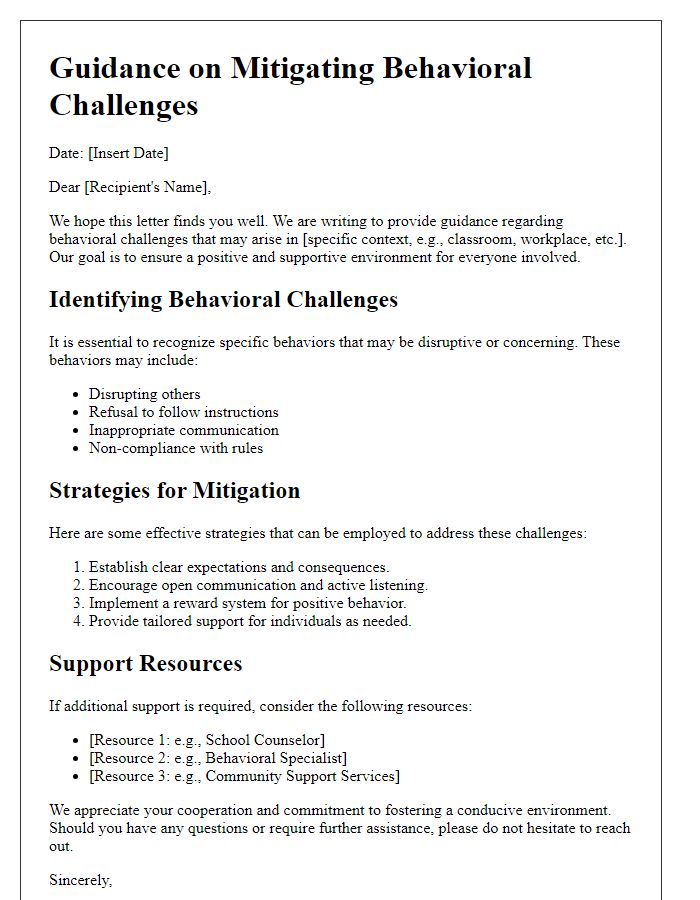 Letter template of guidance on mitigating behavioral challenges.