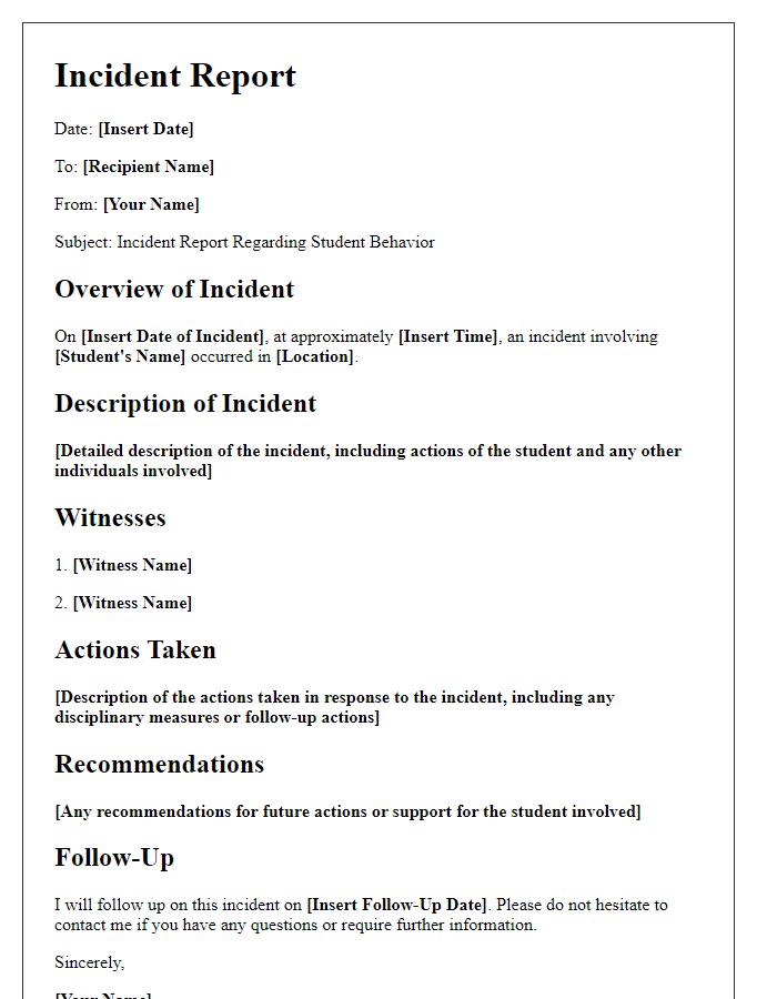 Letter template of incident report related to student behavior.