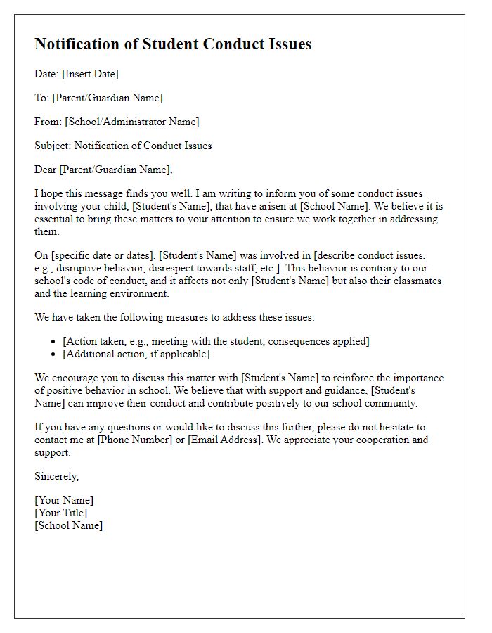 Letter template of notification about student conduct issues.