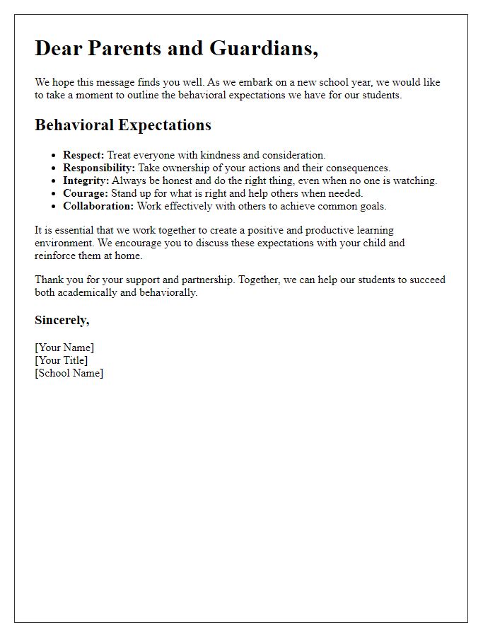 Letter template of outlining behavioral expectations for students.