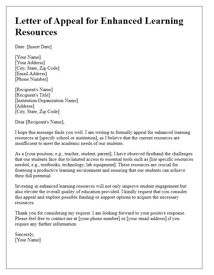 Letter template of appeal for enhanced learning resources