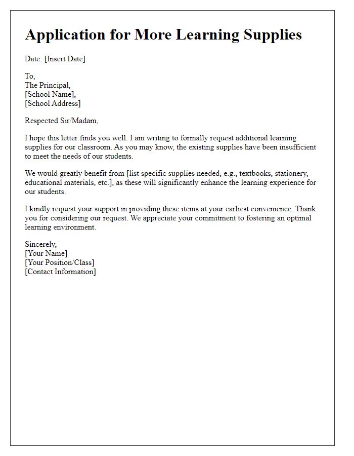 Letter template of application for more learning supplies