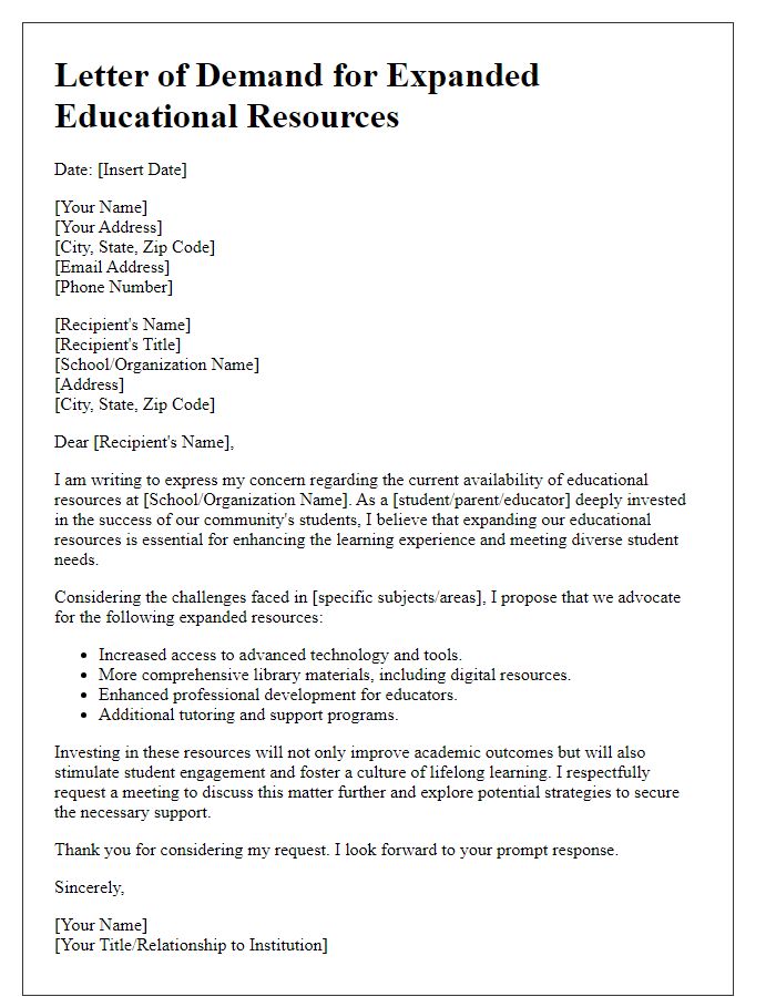 Letter template of demand for expanded educational resources