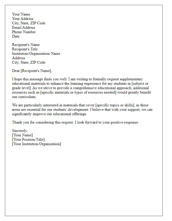 Letter template of formal request for supplementary educational materials