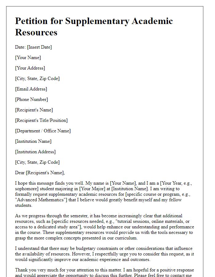 Letter template of petition for supplementary academic resources