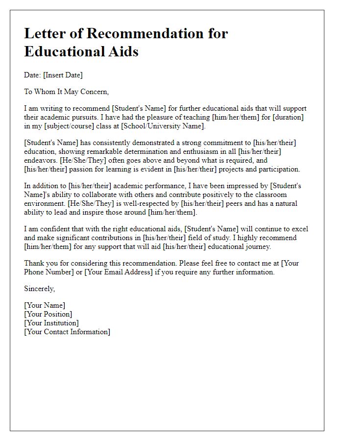 Letter template of recommendation for further educational aids