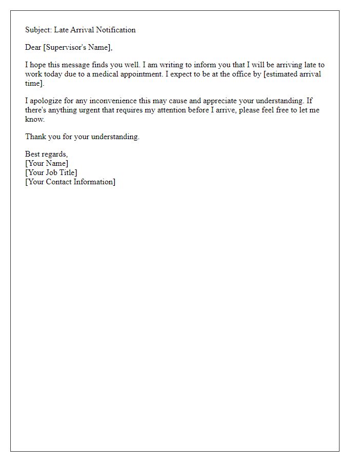 Letter template of informing your supervisor about late arrival due to a medical appointment.