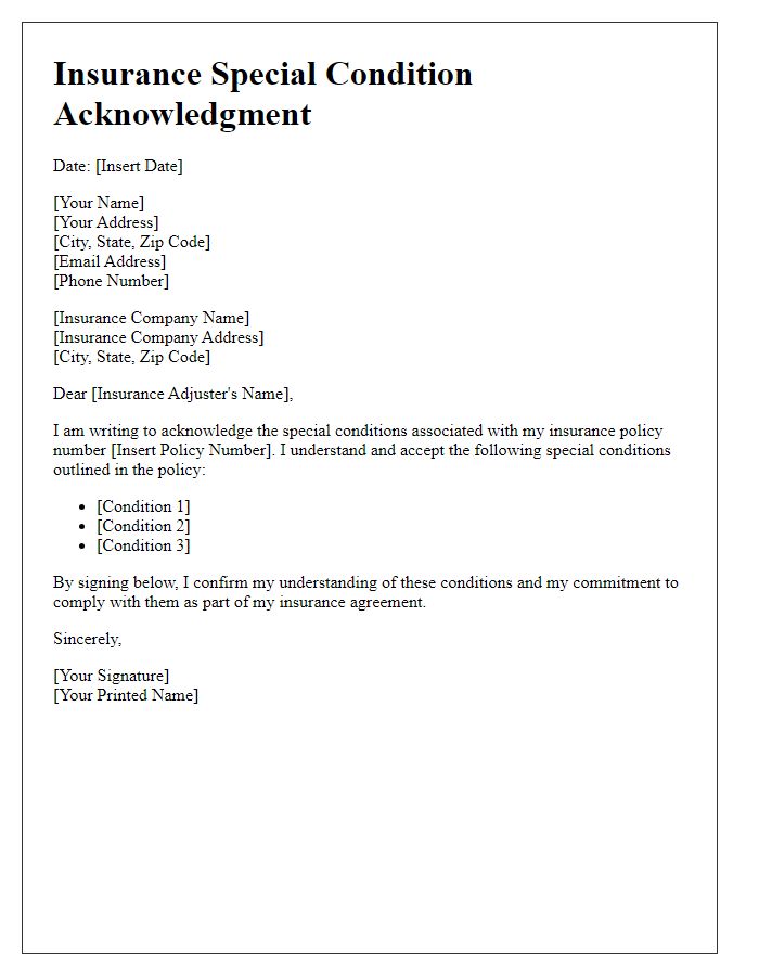 Letter template of insurance special condition acknowledgment