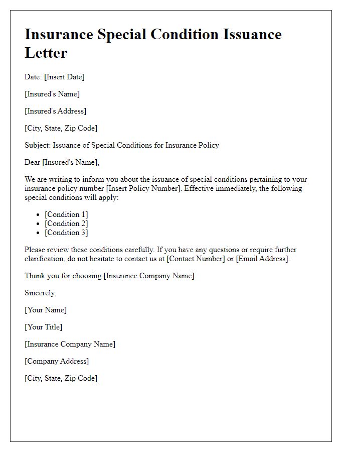 Letter template of insurance special condition issuance