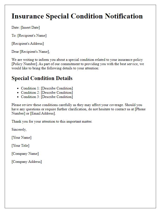 Letter template of insurance special condition notification