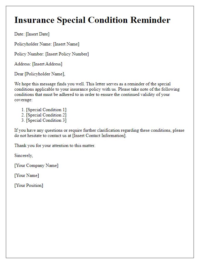 Letter template of insurance special condition reminder