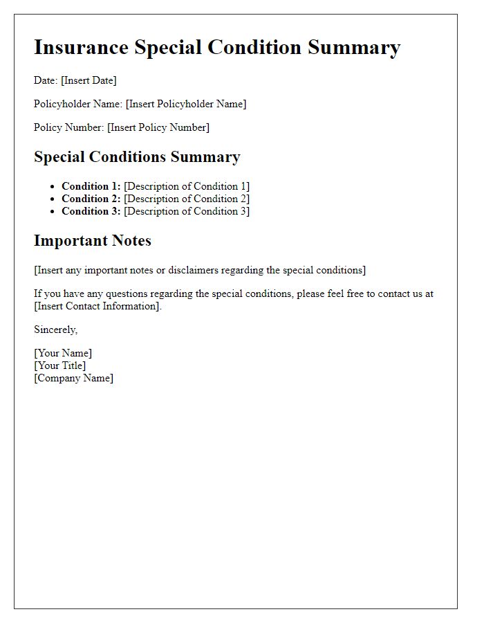 Letter template of insurance special condition summary