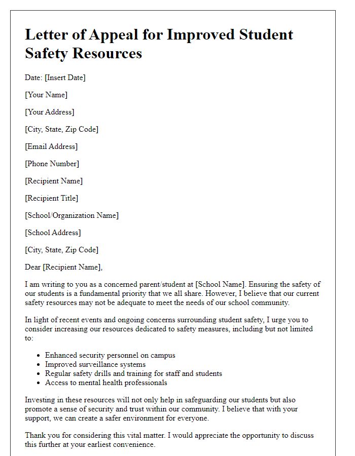 Letter template of appeal for improved student safety resources