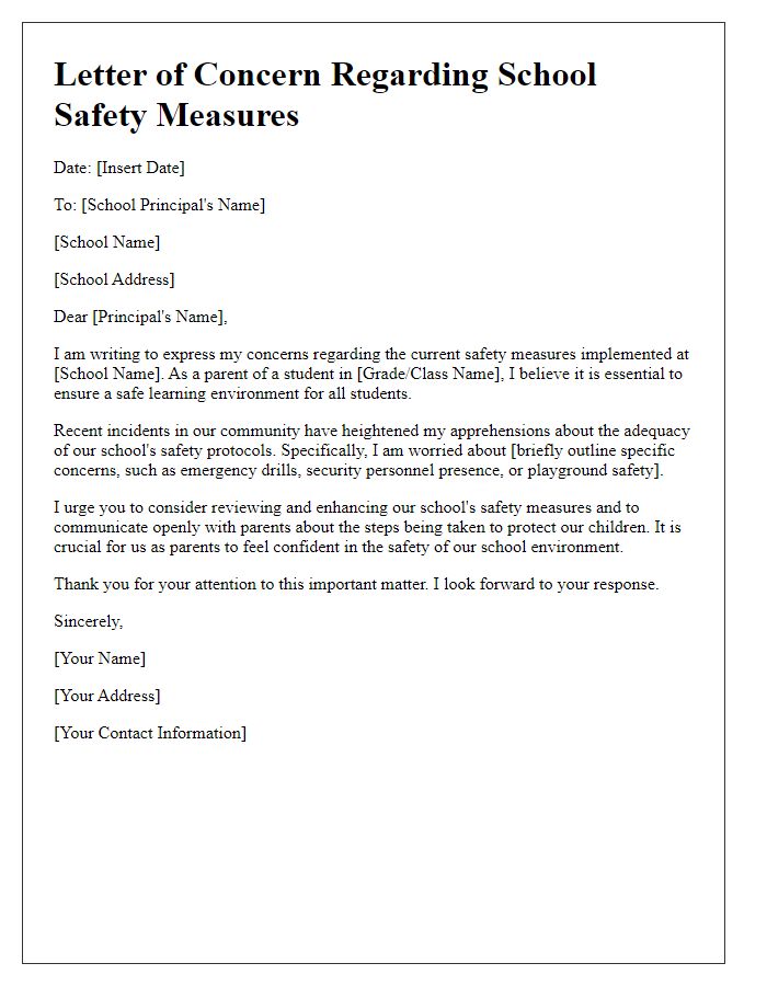 Letter template of concern regarding school safety measures