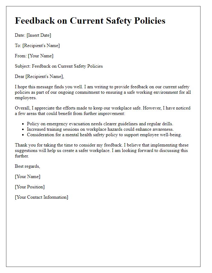 Letter template of feedback on current safety policies