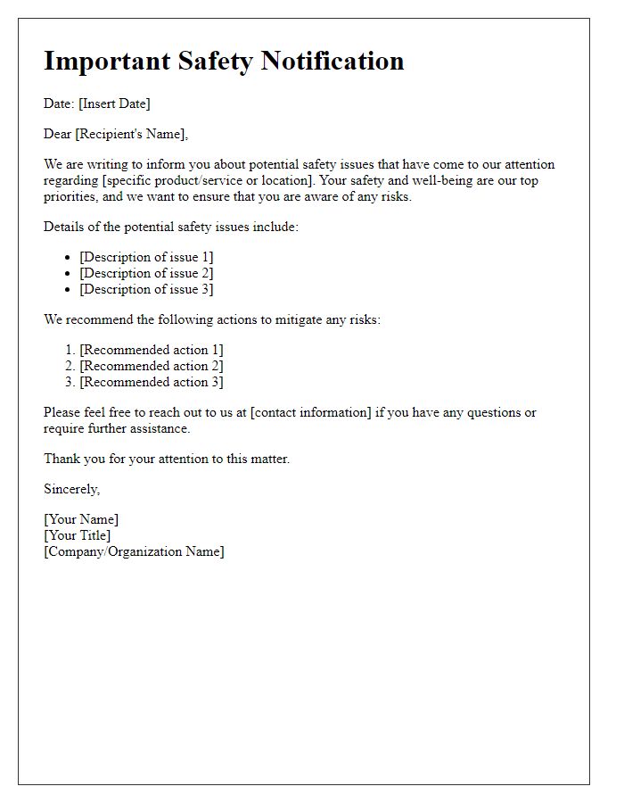 Letter template of notification about potential safety issues