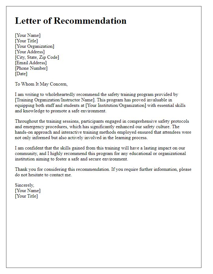 Letter template of recommendation for safety training for staff and students