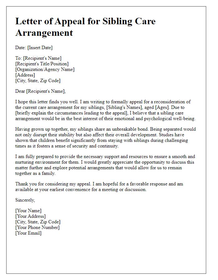 Letter template of appeal for sibling care arrangement.