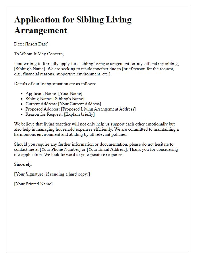 Letter template of application for sibling living arrangement.