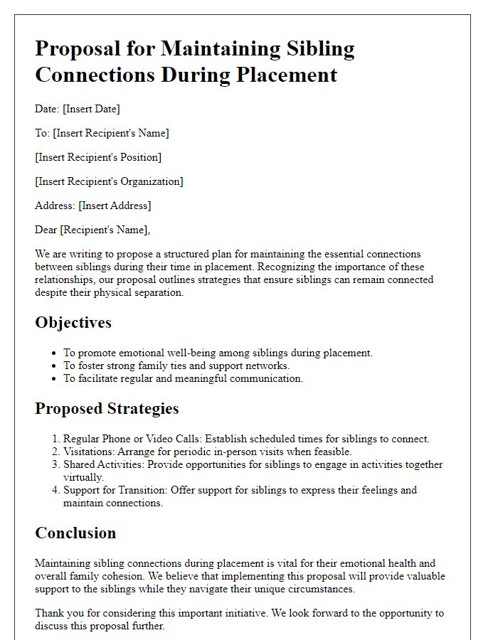 Letter template of proposal for maintaining sibling connections during placement.