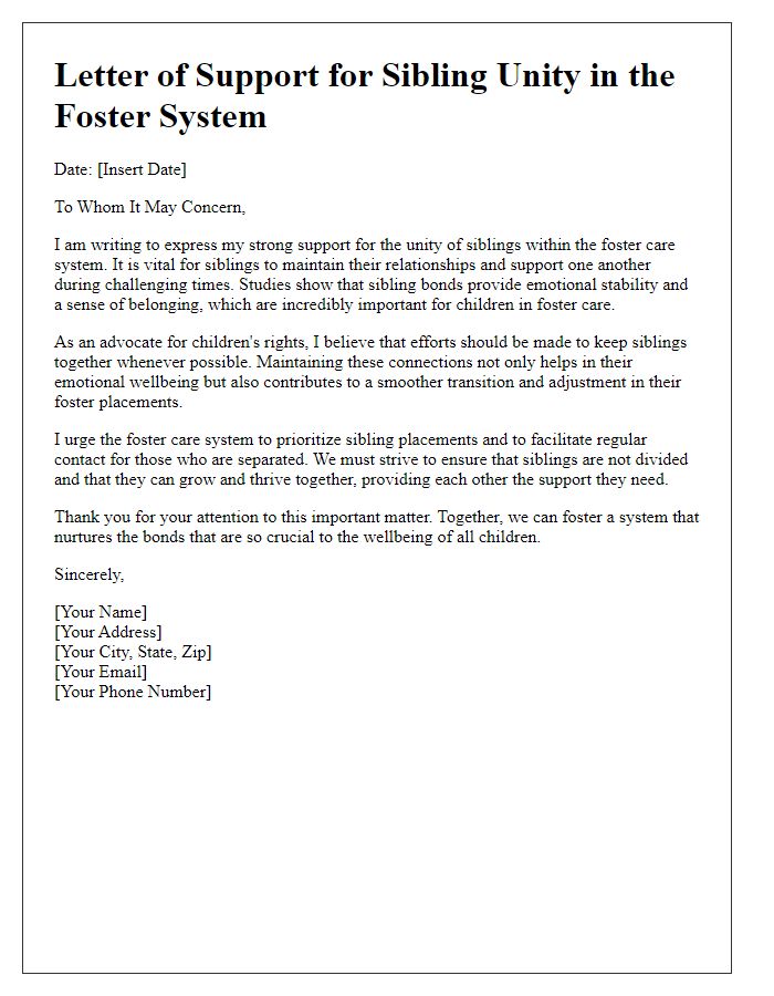 Letter template of support for sibling unity in foster system.