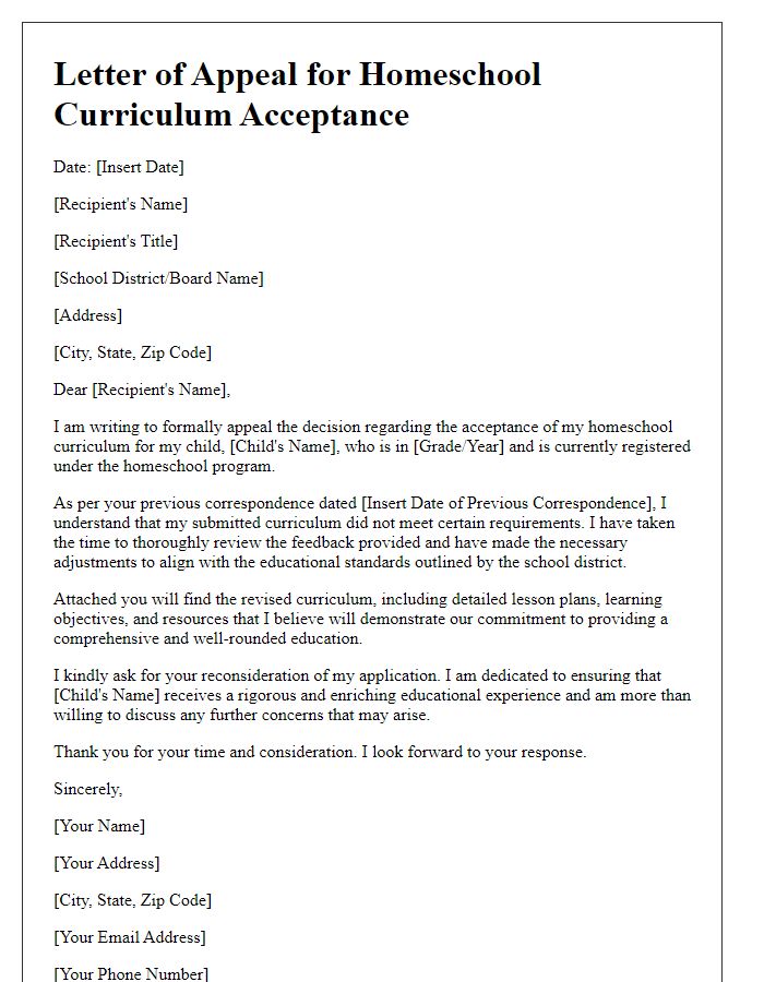 Letter template of appeal for homeschool curriculum acceptance