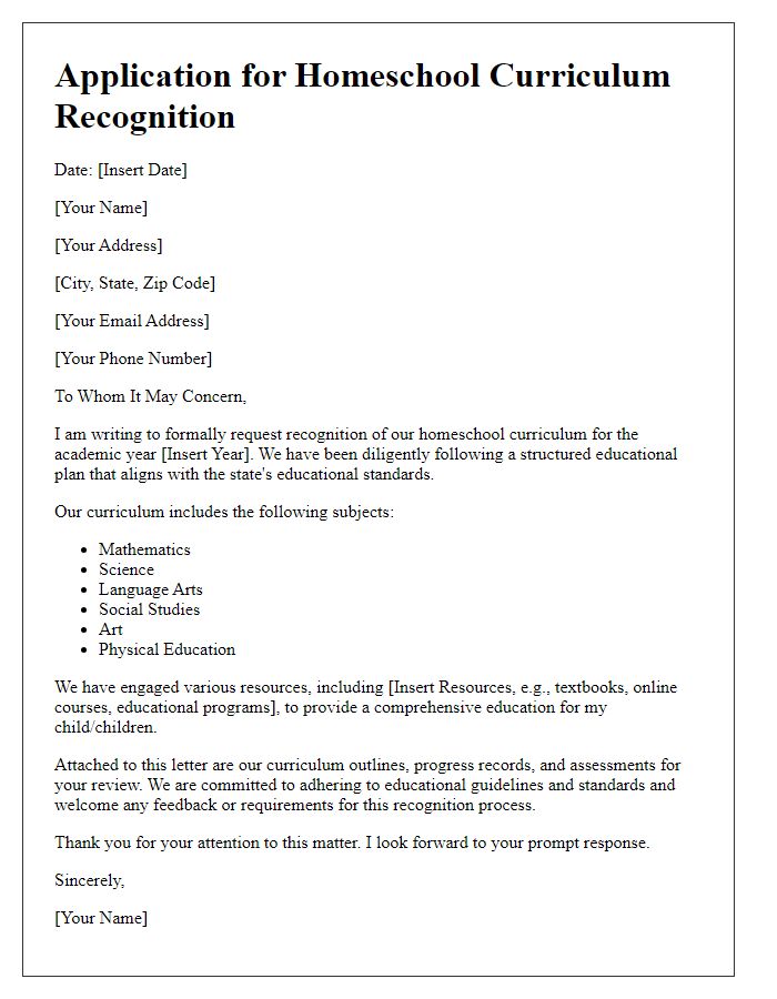 Letter template of application for homeschool curriculum recognition