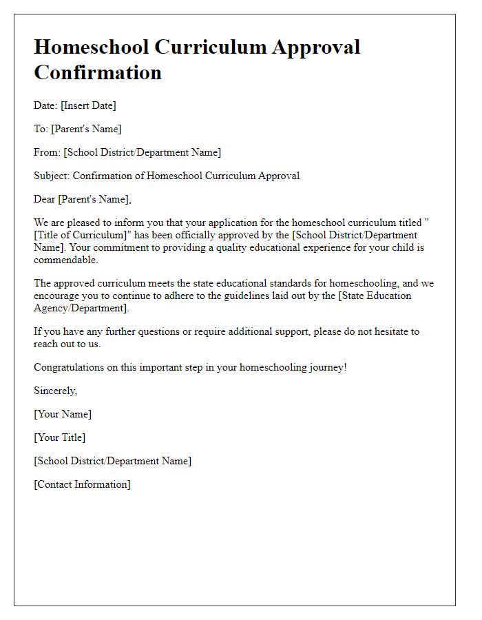 Letter template of confirmation for homeschool curriculum approval