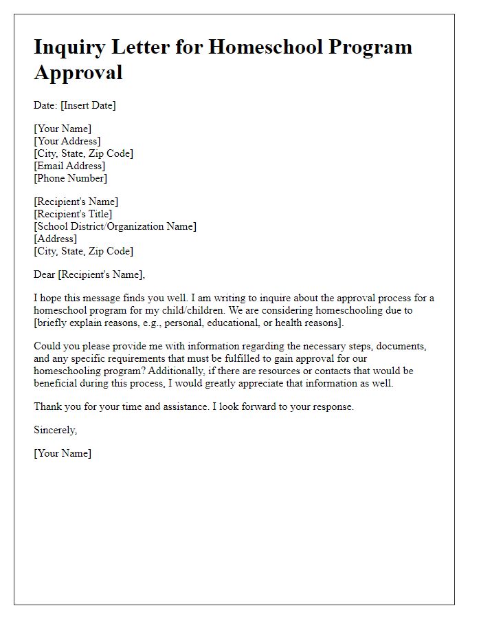 Letter template of inquiry for homeschool program approval