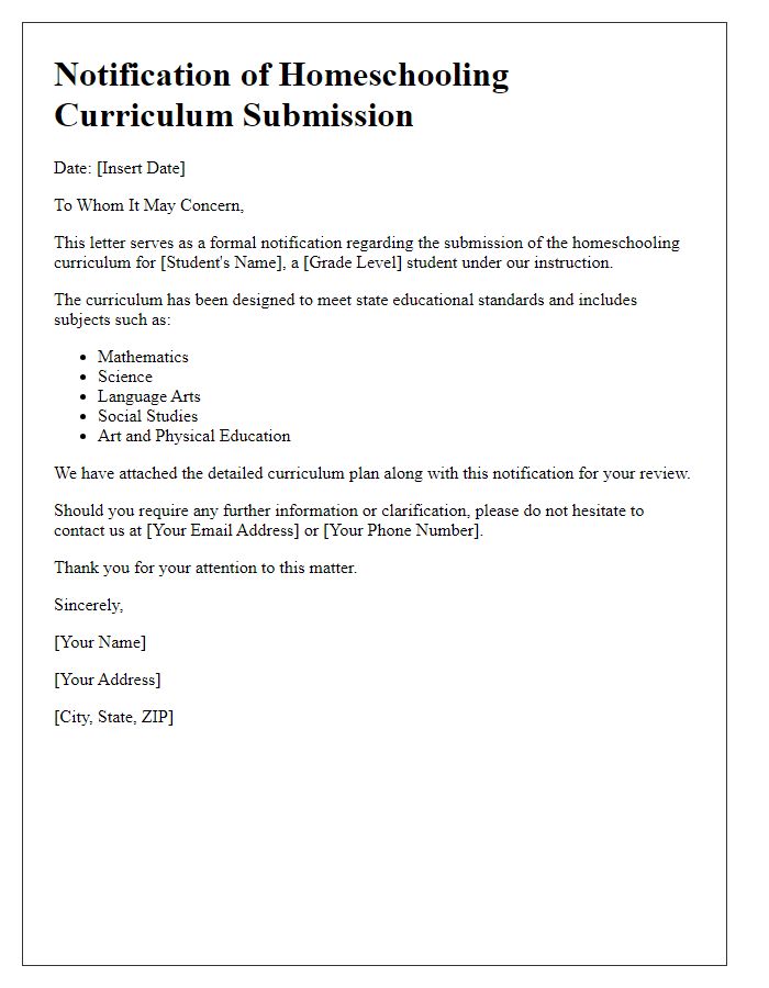 Letter template of notification for homeschooling curriculum submission