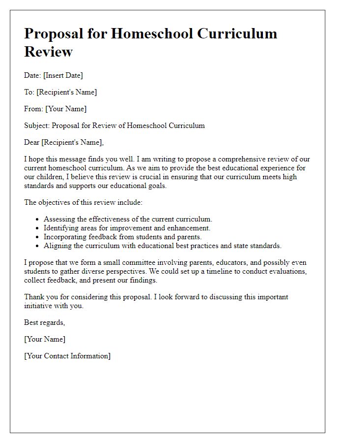 Letter template of proposal for homeschool curriculum review