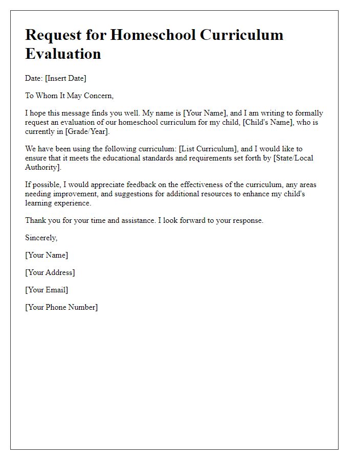 Letter template of request for homeschool curriculum evaluation