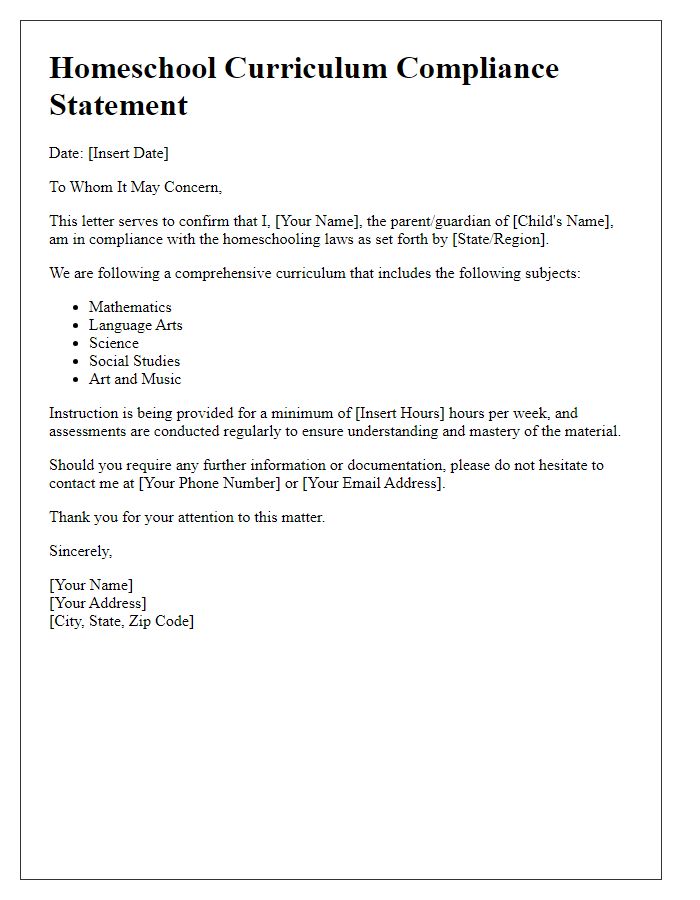 Letter template of statement for homeschool curriculum compliance