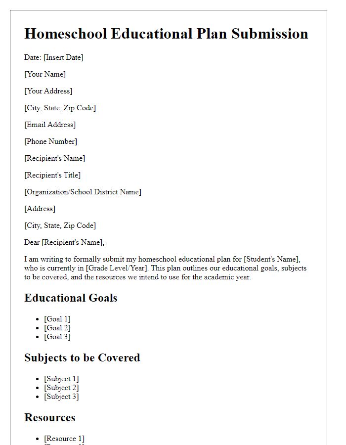 Letter template of submission for homeschool educational plan