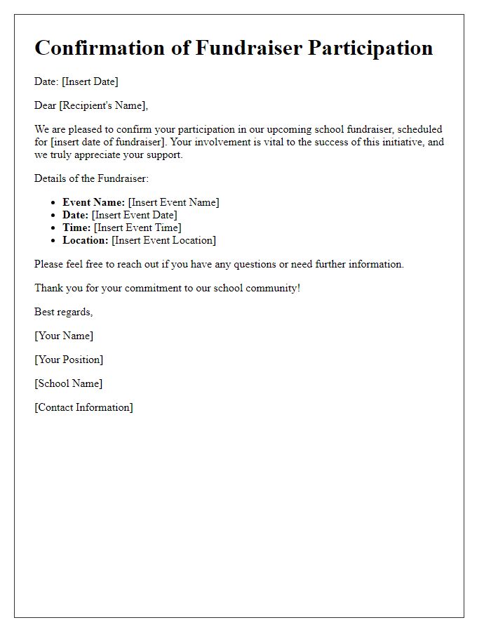 Letter template of confirmation for school fundraiser participation