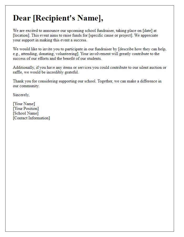 Letter template of support for school fundraiser participation