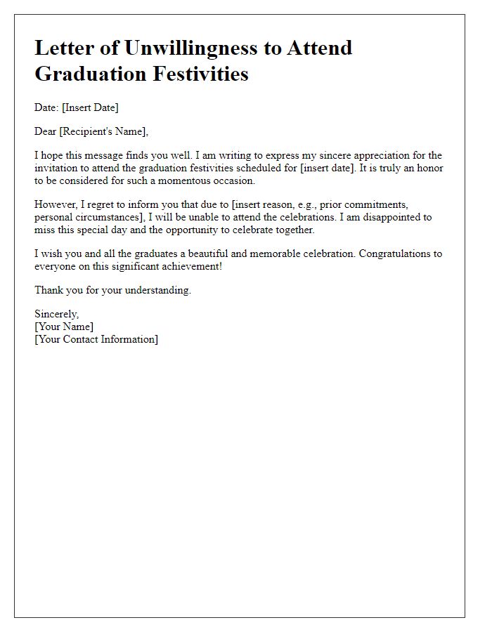 Letter template of unwillingness to attend graduation festivities