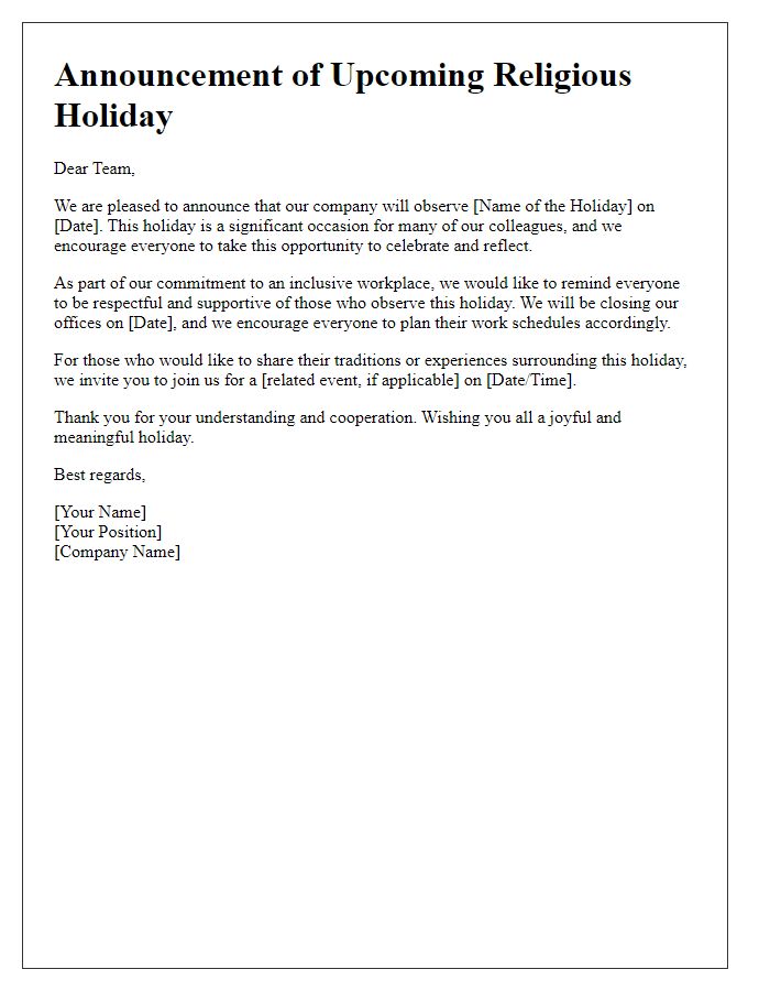 Letter template of company-wide religious holiday announcement.