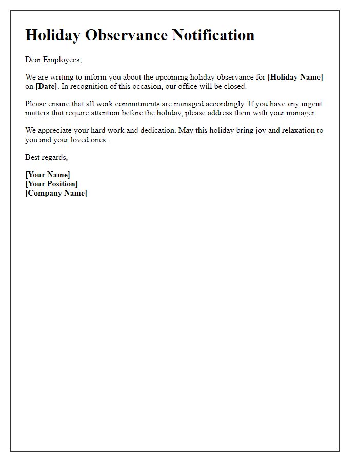 Letter template of holiday observance notification for employees.