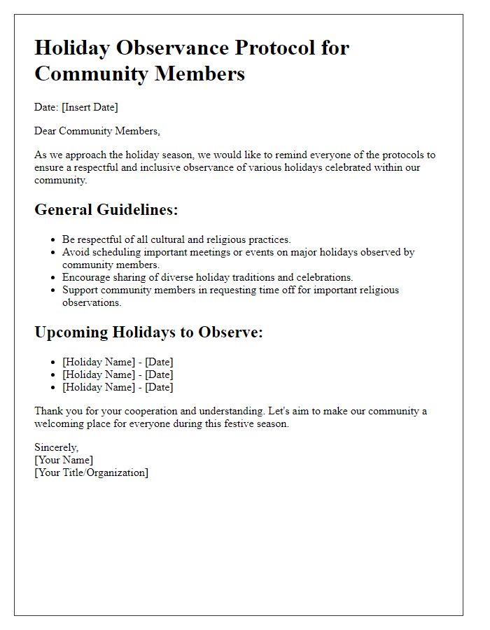 Letter template of holiday observance protocol for community members.