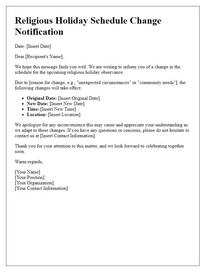 Letter template of religious holiday schedule change notification.