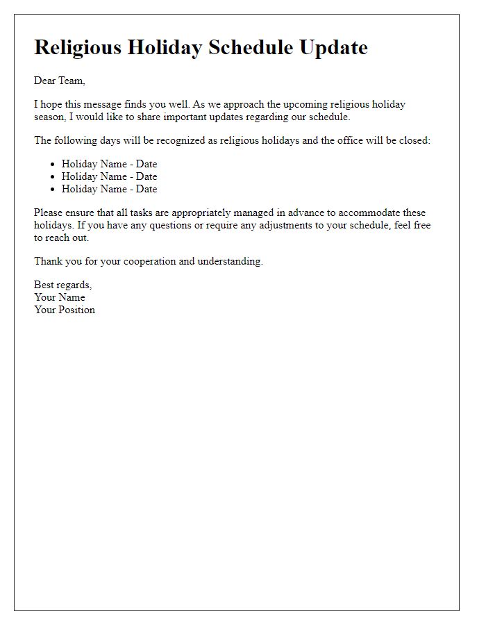 Letter template of religious holiday schedule update for teams.