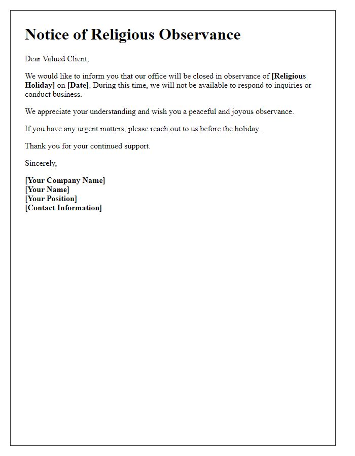 Letter template of religious observance notice for clients.