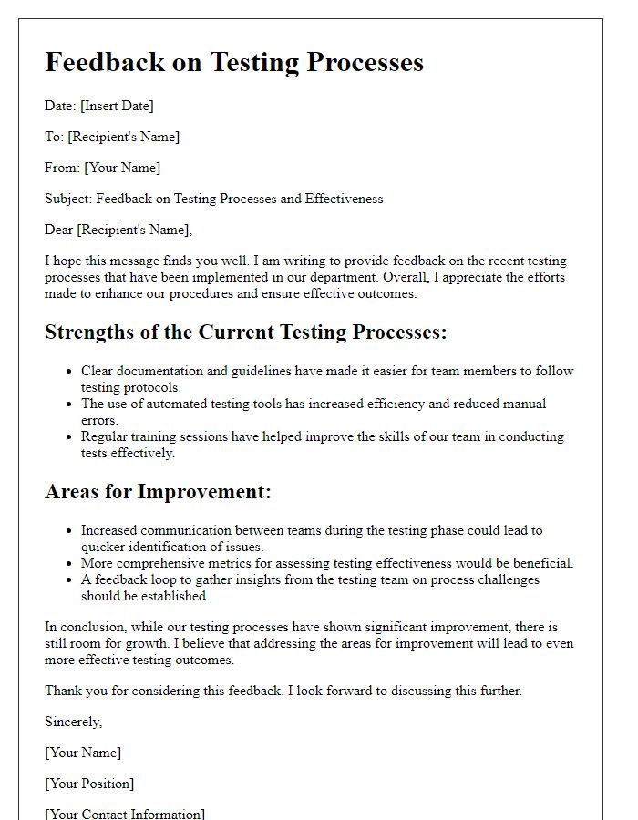 Letter template of feedback on testing processes and their effectiveness.