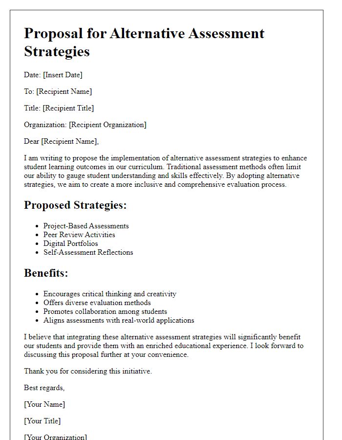 Letter template of proposal for alternative assessment strategies.