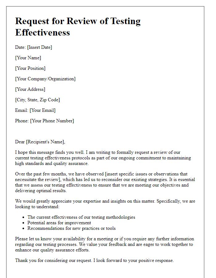 Letter template of request for a review of testing effectiveness.